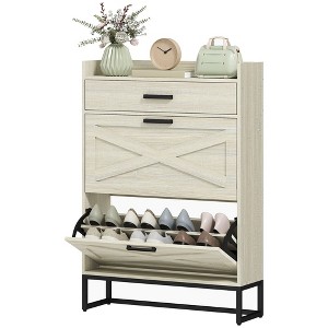 Munora Slim Shoe Organizer Cabinet with 2 Flip Drawers for 12 Pairs, Adjustable Shelves & Farmhouse Style, Distressed White - 1 of 4