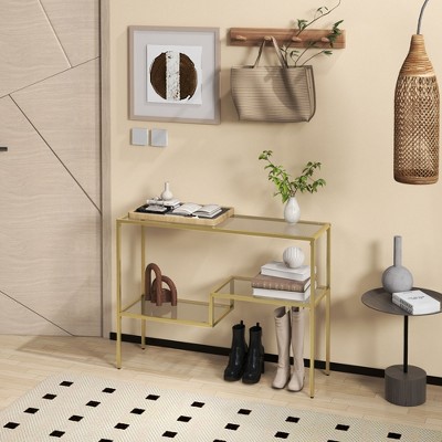 Gold Steel and Clear Glass Console Table with Storage Shelves