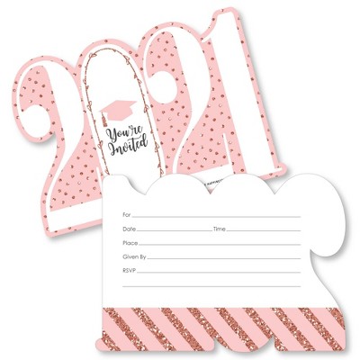 Big Dot of Happiness Rose Gold Grad - Shaped Fill-In Invitations - 2021 Graduation Party Invitation Cards with Envelopes - Set of 12