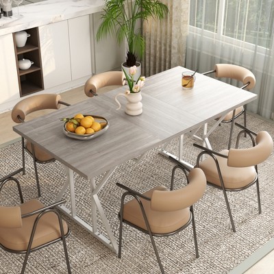 HOMCOM 63"-47" Expandable Dining Table for 4-6 People, Farmhouse Extendable Dining Room Table with Trestle Base, Kitchen Table