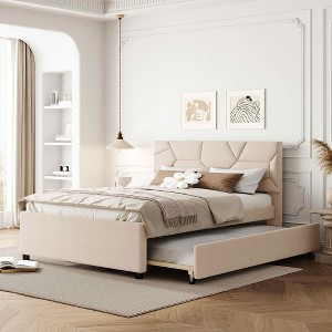 MAYEERTY Full Size Upholstered Platform Bed, Brick Pattern Headboard Twin Trundle Linen Fabric, Bedroom, Beige - 1 of 4