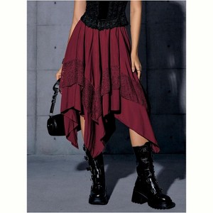 Women's Black Gothic Punk Mini Skirt, Lace-Up Asymmetrical Knee-Length Skirt with Lace Trim - 1 of 4