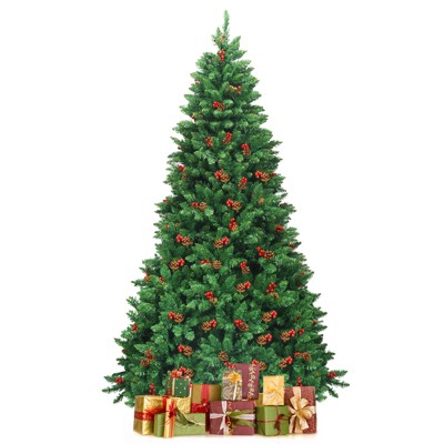 Tangkula 7.5FT Christmas Tree Pre-Lit Hinged Artificial Xmas Tree with Sturdy Metal Stand