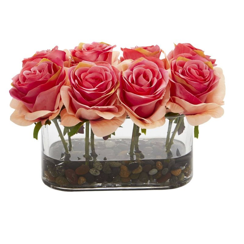 Nearly Natural 5.5-in Blooming Roses in Glass Vase Artificial Arrangement, 2 of 8