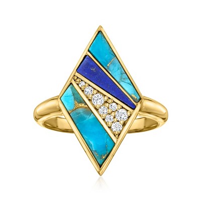 Ross-Simons Turquoise, Lapis and 0.10 ct. t.w. White Topaz Geometric Ring in 18kt Gold Over Sterling