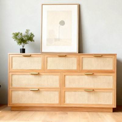 Rattan 7 Drawer Dresser, 55in Wide 7 Chest of Drawers with Metal Handles and Wooden Sturdy Base for Bedroom Living Room Nursery