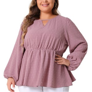 Agnes Orinda Women's Plus Size Textured Keyhole Cut Out Long Sleeve Swiss Dots Babydoll Peplum Blouse - 1 of 4