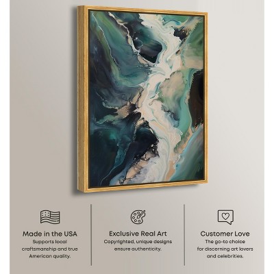 Sage River Blue and Green Abstract Canvas Art with Gold Frame