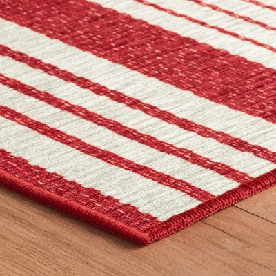 Abby Red and White Striped Polyester Washable Area Rug, 2' x 3'