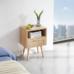 Conner 15.75" Rattan Nightstands with Drawer and Solid Wood Legs, Bedside End Table for Living Room, Bedroom, Indoor Furniture - The Pop Home - 1 of 4