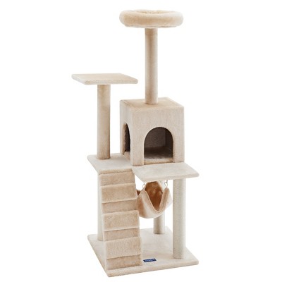 Cream Plush Polyester Double Decker Cat Tree with Hammock