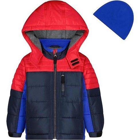 London Fog Boys' Stylish Winter Puffer Coat With Beanie Hat, Red/navy ...