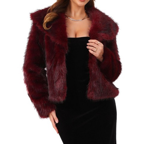 INSPIRE CHIC Women's Long Sleeve Lapel Collar Evening Cocktail Fluffy Shaggy Faux Fur Jacket Medium Burgundy