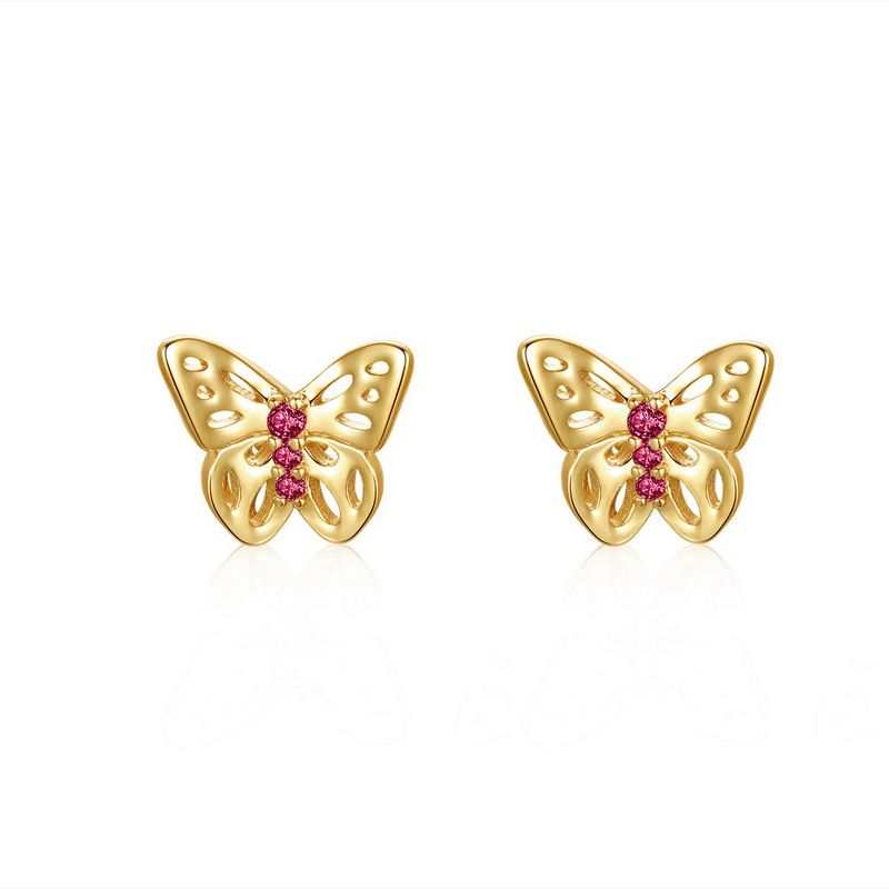 Guili 14k Yellow Gold Plated with Red Or white Cubic Zirconia 3-Stone Filigree Butterfly Stud Earrings, 1 of 3