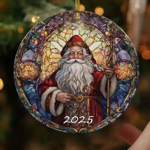 Santa Claus Ornaments 2025 in Stained Glass Style,2025 Christmas Ornaments, Round Fun Ceramic Decoration Gifts (Santa Claus) - 1 of 3