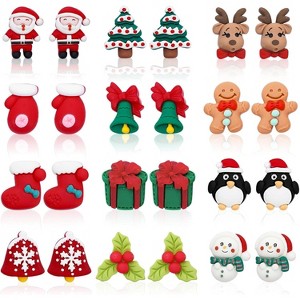 12 Pairs Christmas Clay Stud Earrings with Festive Holiday Designs. - 1 of 4