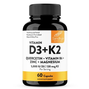 Sandhu's Vitamin D3 K2 5000IU, 120 mcg Capsules 60 Count with Magnesium, Vit B6, Zinc & Quercetin, Supports Energy, Immune & Muscle Health - 1 of 4