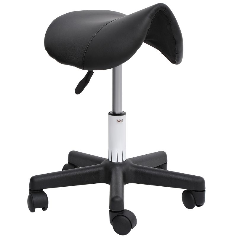 HOMCOM Rolling Saddle Stool, Swivel Salon Chair, Ergonomic Faux Leather Stool, Adjustable Height with Wheels for Spa, Salon, Massage, Office, Black, 1 of 9