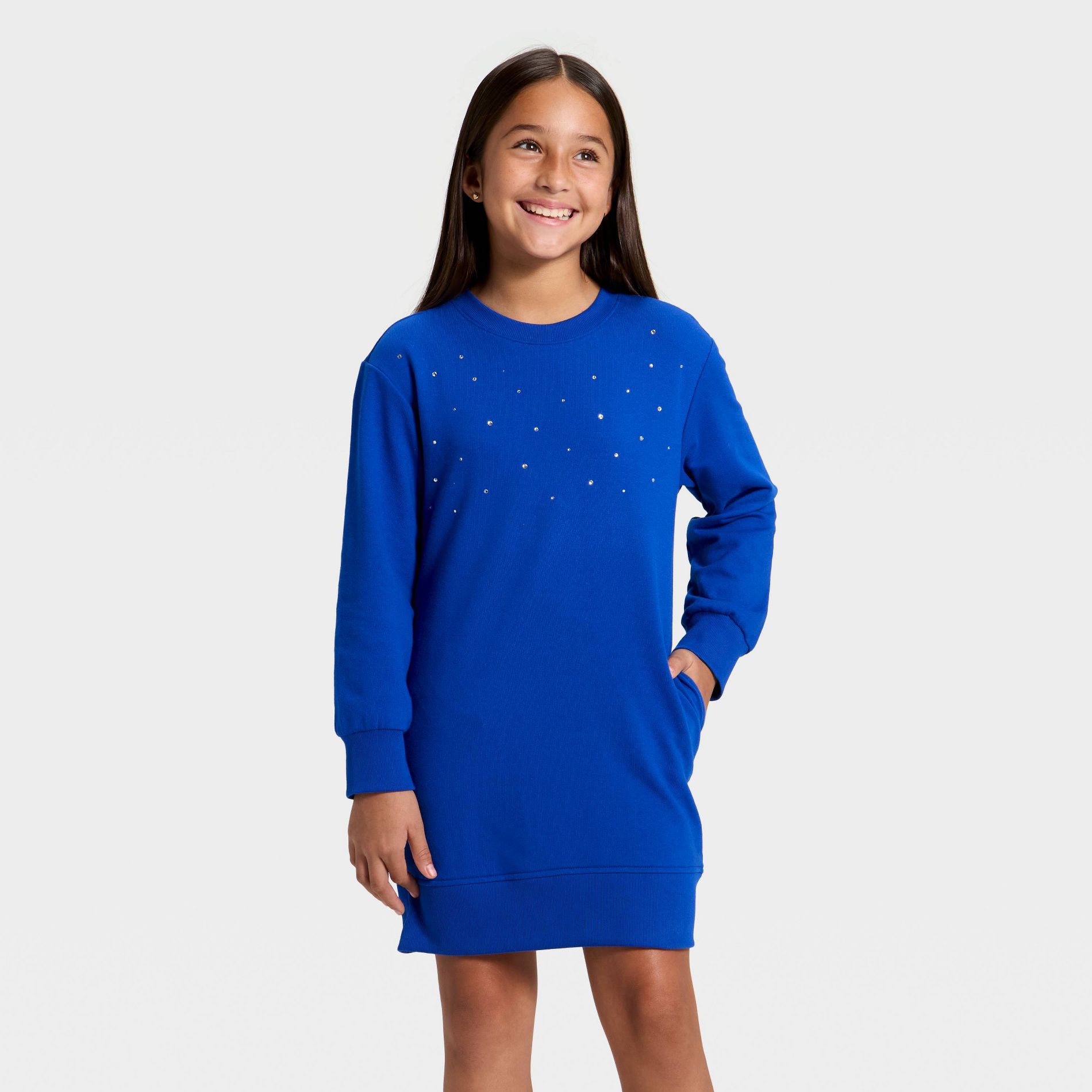 Girls' Long Sleeve French Terry Rhinestone Dress - Cat & Jack™ Blue