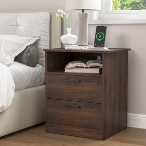 CIPACHO Brown Wooden Night Stand with Charger Station USB-C AC Ports 2 Drawers Open Storage - 1 of 4