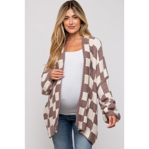PinkBlush Taupe Checkered Print Oversized Maternity Cardigan - 1 of 4