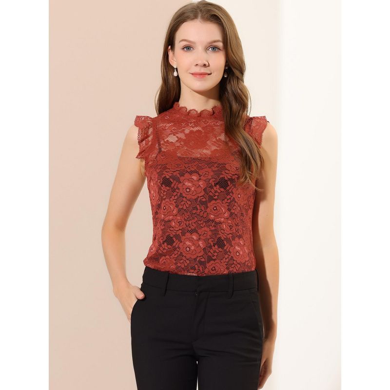 Allegra K Women's Sleeveless See-Through Ruffle Scalloped Trim Semi-Sheer Floral Lace Top, 3 of 7