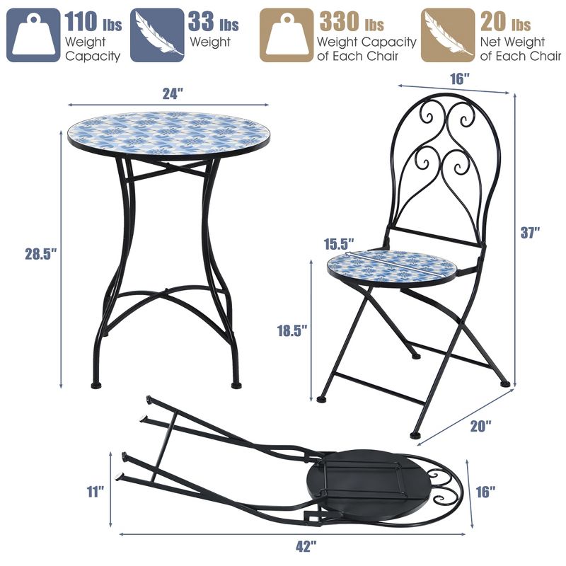 Costway 3PCS Patio Bistro Furniture Set Folding Chair Mosaic Design Garden Blue, 3 of 9
