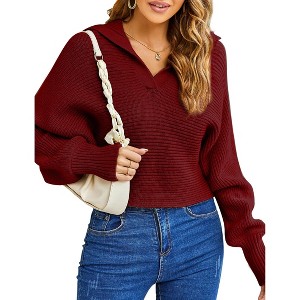 Coolmee Women Oversized Puff Long Sleeve V Neck Knitted Polo Pullover Sweater Crop Jumper Tops - 1 of 4