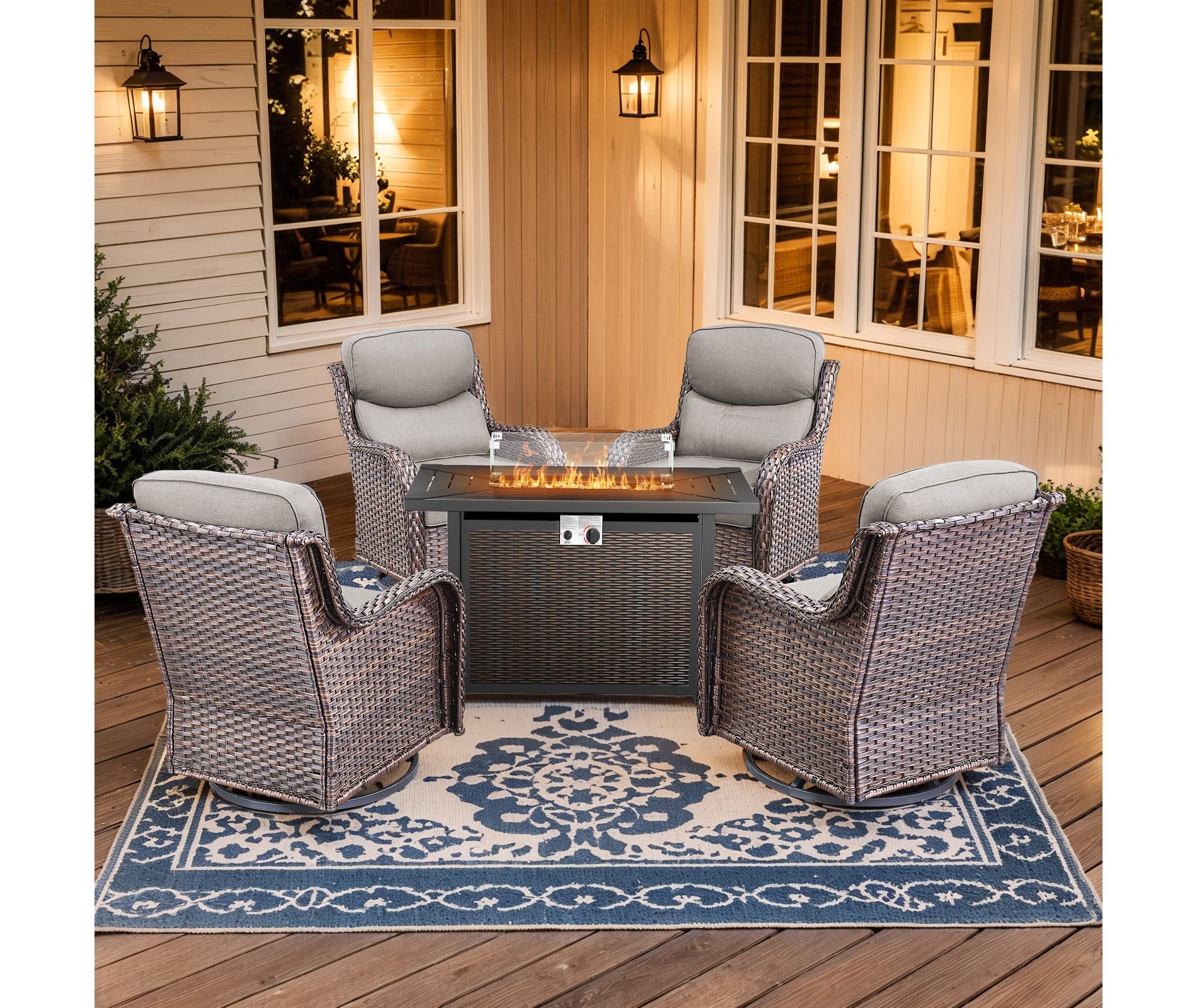 Gymojoy 5 Pieces/7 Pieces Outdoor Fire Pit Table with Patio Swivel Glider Chairs Table Set