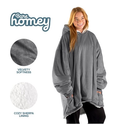 Gray Fleece and Sherpa Hooded Wearable Blanket with Sleeves