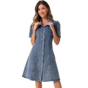Allegra K Women's Puff Short Sleeve Button Down Collared Fit and Flared Denim Dress - 1 of 4