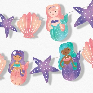 Big Dot of Happiness Mermaid Garland Banner, Pink & Purple Mermaid Birthday Decor Banner, 30 Feet of Cord, 15 Double-Sided Mermaid-Themed Characters - 1 of 4