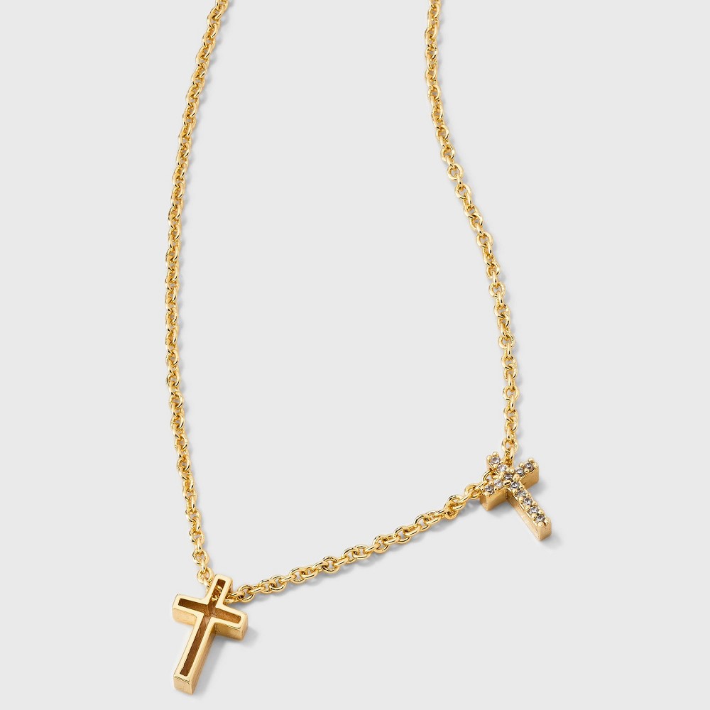 Photos - Pendant / Choker Necklace 14K Gold Dipped Cubic Zirconia Double Cross Pendant Necklace - Gold