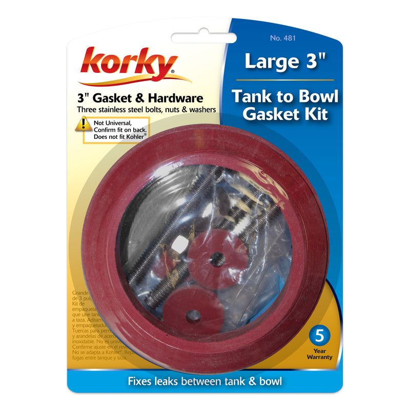 Korky Large 3 inch Hardware Kit and Tank to Bowl Gasket, 3 of 5