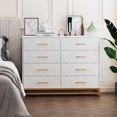 Dresser for Bedroom with 8 Drawers, Large Wood Chest,  Modern Storage Organizer, White Tall Dresser for Living Room