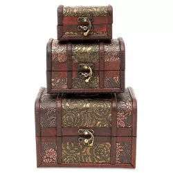 Juvale Set of 3 Small Wooden Treasure Chest Boxes with Flower Motif, Decorative Vintage Style Trunks for Jewelry Keepsakes, 3 Sizes