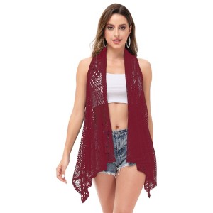 Anna-Kaci Women's Sleeveless Open Knit Crochet Vest with Asymmetrical Hem Lightweight Summer Cardigan Layer - Small/Medium, Burgundy - 1 of 4
