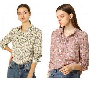 INSPIRE CHIC Women's Point Collar Long Button Sleeve Button Down Floral Shirt 2 Packs - 1 of 4