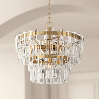Burnished Brass and Crystal Drum Pendant Light 20.5"