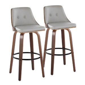 Set of 2 30" Faux Leather Mid-Century Modern Barstools with Wood Legs, Round Metal Footrest, and 360¡ã Swivel for Kitchen - 1 of 4