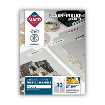 MACO Cover-All Opaque File Folder Labels, Inkjet/Laser Printers, 0.66 x 3.44, White, 30 Labels/Sheet, 50 Sheets/Box
