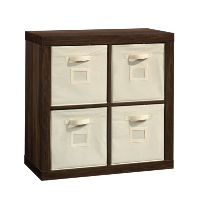 Stow Away 4 Cube Organizer Smoked Oak - Sauder: Modern Bookshelf with Fixed Shelves & Fabric Bins