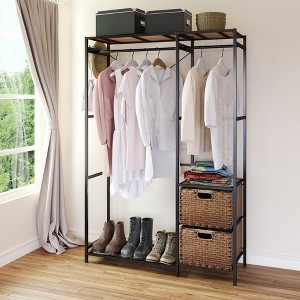 Acacia Wood Garment Racks with Shelves 2 Wicker Drawers and 4 Hooks Heavy Duty Closet Organizer for Hanging Clothes, Freestanding Closet Wardrobe Rack - 1 of 4