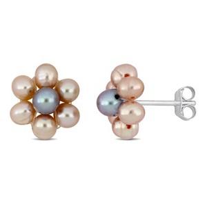 EVERLY JEWELRY | Sterling Silver 3-4mm Pink and Gray Cultured Freshwater Pearl Flower Design Stud Earrings - 1 of 4