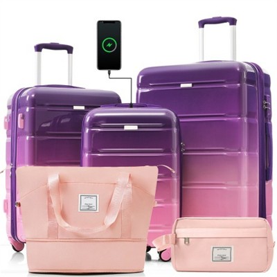 BEAFUP Luggage Sets 5 Piece, 20-inch with USB Port, ABS Durable Suitcase with Travel Bag, ABS+PC Hard Shell Luggage with Spinner Wheels, Purple+Pink