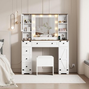 COZONY Makeup Vanity Desk with Mirror and Lights, Dressing Table with Cushioned Stool, 6 Drawers, 2 Cabinets & Open Shelves, White - 1 of 4