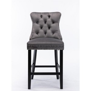 OUTSUPPLY Set of 2 Velvet Bar Stools, Button Tufted Mid-Century Design with Wood Legs & Chrome Nailheads - 1 of 4