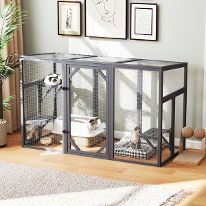 Outdoor Wooden Cat Enclosure, Large Gray Catio House with 3 Platforms, Lockable Door & Sun Sheet Roof, Spacious Patio Playpen for Cats & Small Pets - 1 of 4