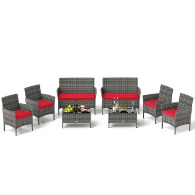 Tangkula Set Of 8 Patio Furniture Set w/Washable Cushions & Tempered Glass Coffee Table