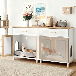 ORRD Cat Litter Box Furniture 2-Piece Set, 3-in-1 Hidden Enclosure with Charging Station, Scratching Doors & Drawer, Modern Side Cabinet - 1 of 4